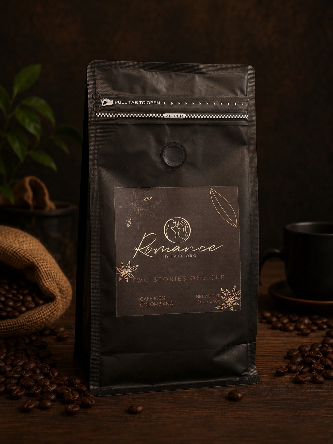 Romance by Tata Oro — matte black 12 oz coffee bag